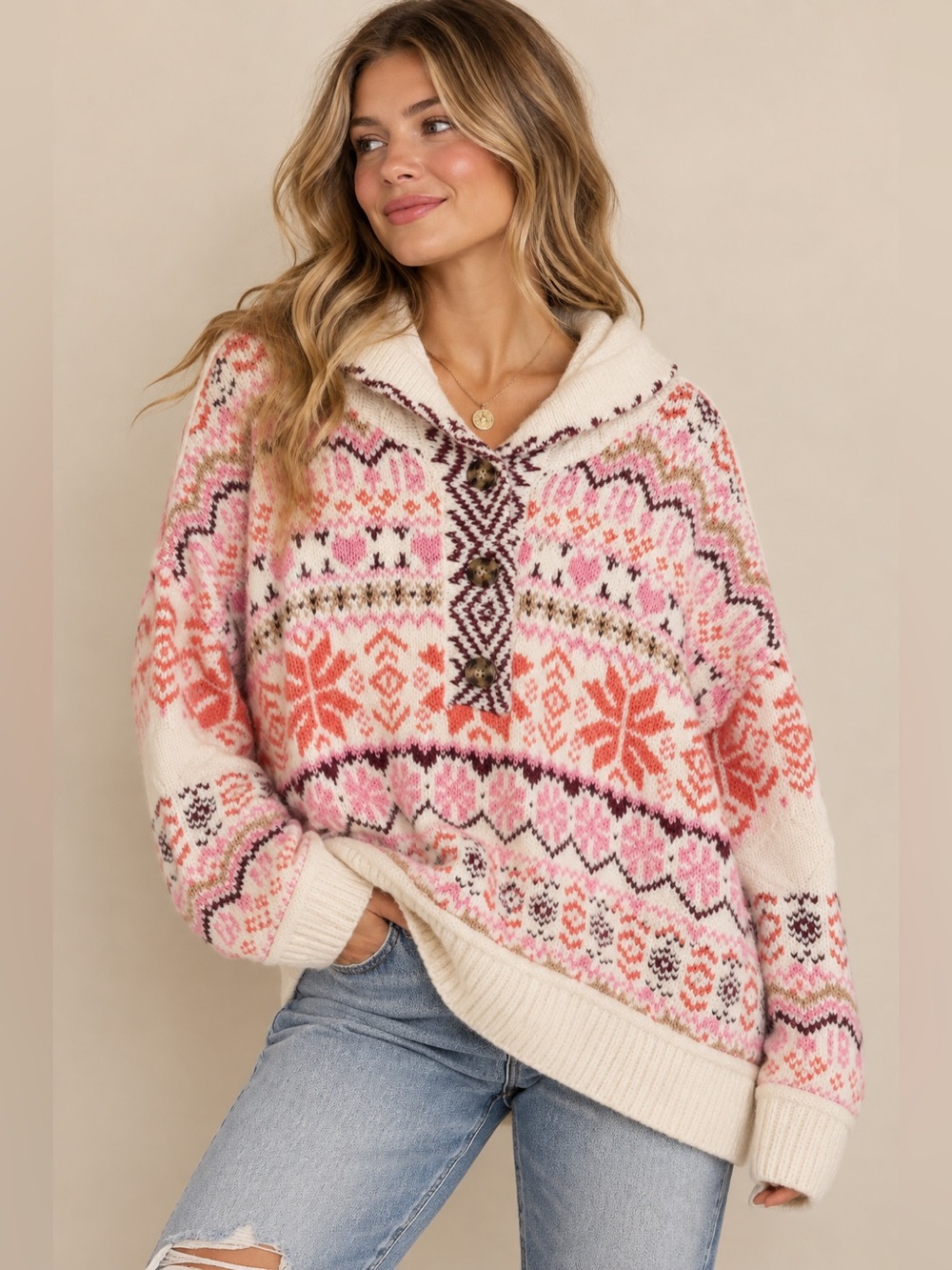 Altar’d State Pink Cozy Fair Isle Hooded Sweater - Cream Size M